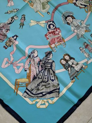 HERMES Hello Dolly Silk Scarf by Loic Dubigeon,  Green Turquoise,  Made in France 8