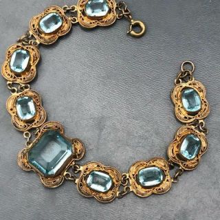 Vintage Art Deco Gold Gilt Silver Filigree Aqua Blue Glass Bracelet