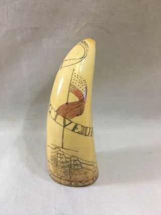 Artek Imitation Scrimshaw Carved Faux Whale Tooth Old Ironsides Nantucket