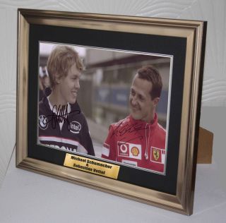 Michael Schumacher & Seb Vettel Hand Signed Rare Framed & Mounted Photo Uaac