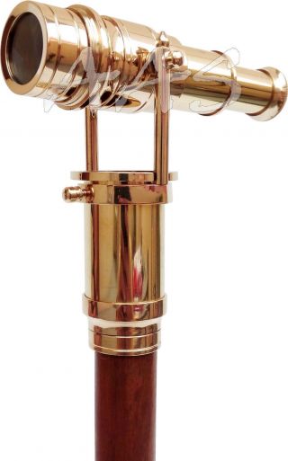 Vintage Brass Telescope Hidden Cane Folding Wooden Walking Stick Nautical Gift 2