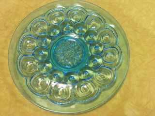 Vintage Blue Glass Cake Plate / Platter L E Smith Moon & Stars 13 1/4 "