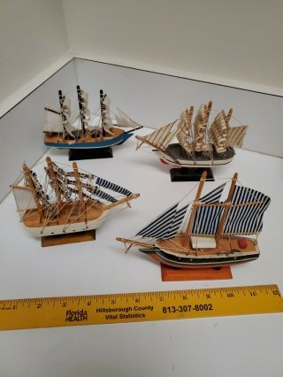 4 Vintage Miniature Hand - Crafted Wooden Model Sailing Ships
