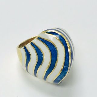 Vintage 18k Solid Yellow Gold Blue & White Enamel Dome Ladies Ring 15.  7 Grams