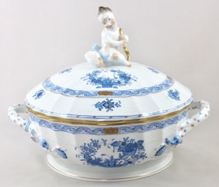 Rare Herend Porcelain Indian Basket Blue Fb Figural Finial Tureen 1086 1st