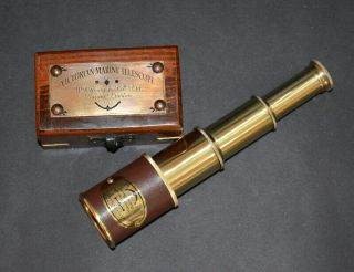 Vintage Brass Maritime 9 " Victorian Marine Telescope Spyglass With Wooden Box