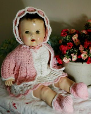 1940 Vintage Composition Cloth Mama Baby Doll Extra Large 25 " Crocheted Outfit