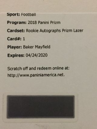 2018 Panini Prizm Lazer Rare Baker Mayfield Auto Redemption Card Rare