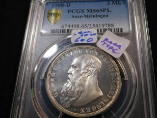 Y89 German State Saxe - Meiningen 1908 - D 3 Marks Pcgs Ms - 65 Proof - Like Rare Type