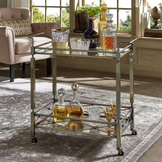 Rolling Home Bar Cart Antique Brass Metal Glass Modern Glam Serving Cart