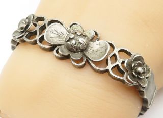 Chinese Import 925 Silver - Vintage Sculpted Flowers Bangle Bracelet - B4970