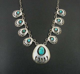 Vintage Bear Paw Claw Turquoise Stones 925 Sterling Silver Necklace