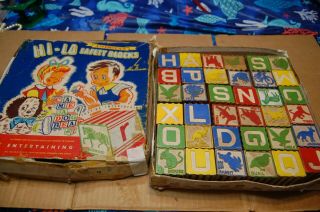 Antique Hi - Lo American Safety Blocks Letter W/box Building Wood Toy 36 Blocks