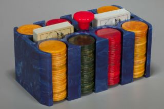 Rare Blue Moon Vintage Catalin / Bakelite Poker Chip Set Caddy Holder With Chips
