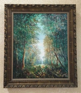 Vintage Painting Signed Moberg Trees Forest Framed Oil On Canvas Poss.  Pierre