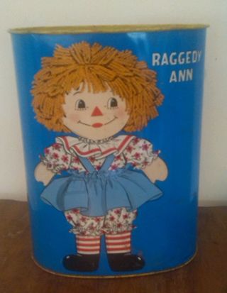 Vintage Raggedy Ann & Andy Tin Garbage Can Pail Dual Side Cheinco