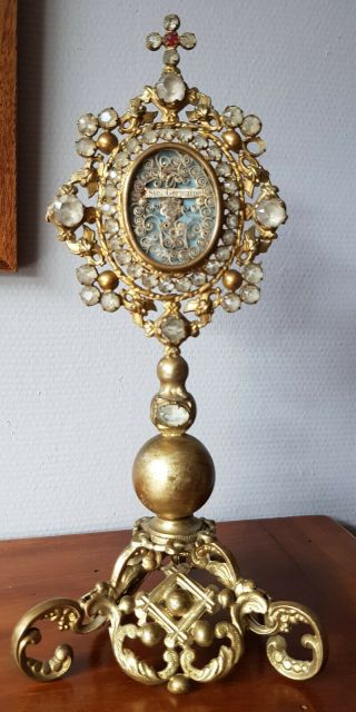 218) Antique Gilding Brass Monstrance 1st Class Relic Of St Germaine Pibrac