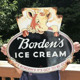 Large Vintage 1957 Bordens Ice - Cream Porcelain Sign Advertising Elsie The Cow