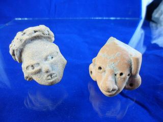2 Small Pre - Columbian Terra Cotta Head Figurines