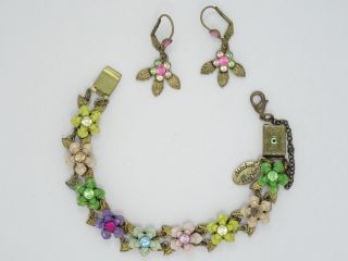 Vtg.  Signed Michal Negrin Jeweled And Enamel Flowers Bracelet & Earrings Set