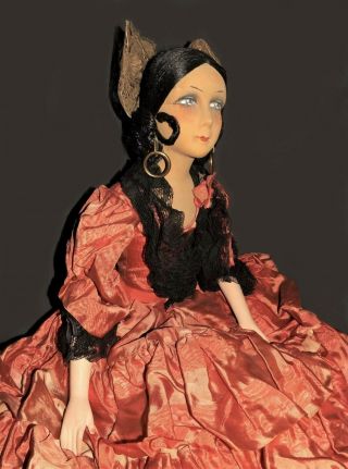 Vintage 1920s Boudoir Doll Felt Shoulder Head Lovely Spanish Lady Large 33 " Doll