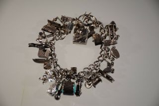 Vintage Sterling Silver Charm Bracelet 28 Charm Marked/stamped 8 " Opening Moving