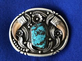 Vintage Navajo Turquoise And Coral Sterling Silver Belt Buckle S Hallmark