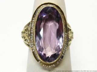 Antique Amethyst Natural Seed Pearl 14k Ring 5.  5gr Gold Filigree Statement