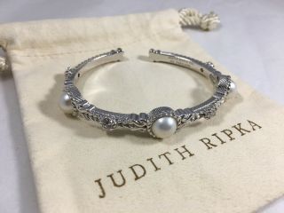 Judith Ripka Mabe Pearl & Diamonique Sterling Cuff Hinged Bracelet W Dust Bag