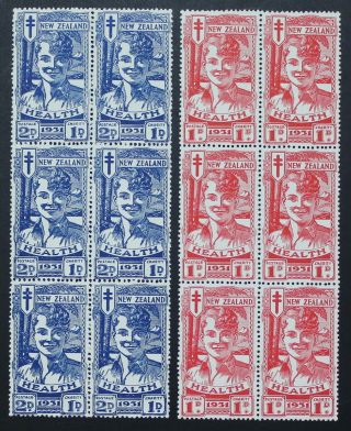 Zealand,  Nz,  1931,  Children,  Health,  Blocks Of 6 Mnh & Mlh Stamps,  Rare M98