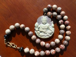 Vintage Kwan Yin Buddha Carved Stone Pendant Beaded Necklace 19 "