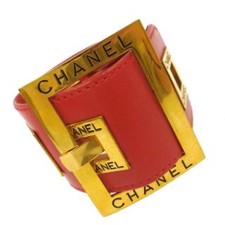 Authentic Chanel Vintage Cc Logos Bangle Bracelet Leather Red Gold Ak26829