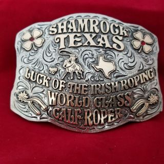 Rodeo Buckle Vintage Shamrock Texas Calf Roping Champion Engraved Signed 557