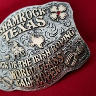 RODEO BUCKLE VINTAGE SHAMROCK TEXAS CALF ROPING CHAMPION Engraved Signed 557 3
