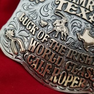 RODEO BUCKLE VINTAGE SHAMROCK TEXAS CALF ROPING CHAMPION Engraved Signed 557 4