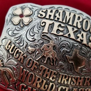 RODEO BUCKLE VINTAGE SHAMROCK TEXAS CALF ROPING CHAMPION Engraved Signed 557 6