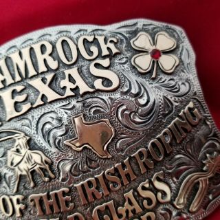 RODEO BUCKLE VINTAGE SHAMROCK TEXAS CALF ROPING CHAMPION Engraved Signed 557 7