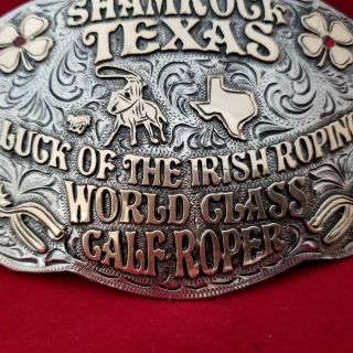 RODEO BUCKLE VINTAGE SHAMROCK TEXAS CALF ROPING CHAMPION Engraved Signed 557 8