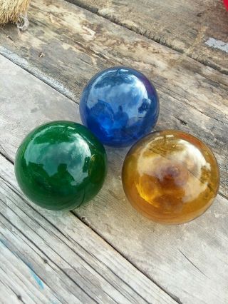 Set Of 3 Emerald Green/cobalt Blue/amber Japanese 4 " Glass Fishing Float Balls