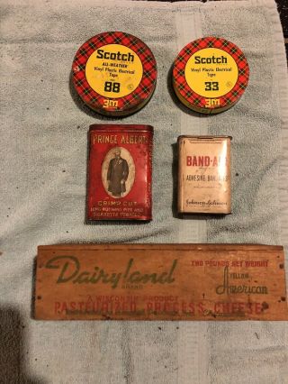 Antiques - Wooden Cheese Box,  Band - Aid Tin,  Prince Albert Tin,  Scotch Tins