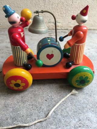Vintage Wooden Pull Toy With Bell - Clown Drum Baby Kids