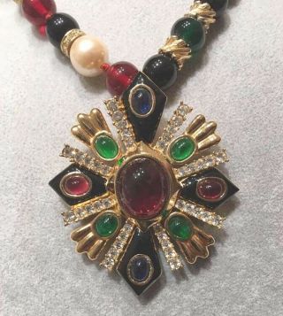 Vintage Ciner Gripoix Glass Enamel Crystal Rhinestone Pendant Enhancer Necklace
