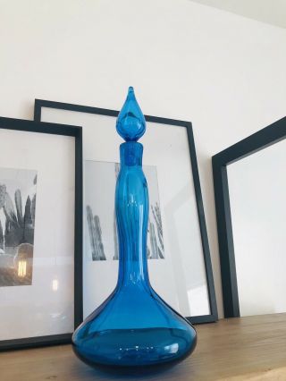 Vintage Midcentury Modern Blenko Decanter 5815 Blue Art Glass Genie Bottle 17”