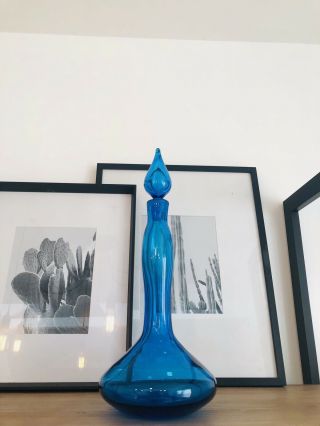 Vintage MidCentury Modern Blenko Decanter 5815 Blue Art Glass Genie Bottle 17” 2