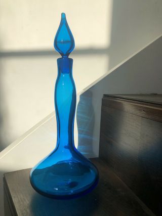 Vintage MidCentury Modern Blenko Decanter 5815 Blue Art Glass Genie Bottle 17” 3