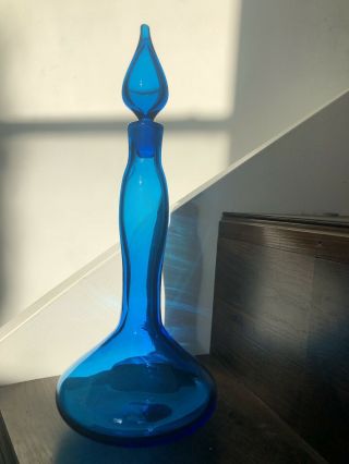 Vintage MidCentury Modern Blenko Decanter 5815 Blue Art Glass Genie Bottle 17” 4