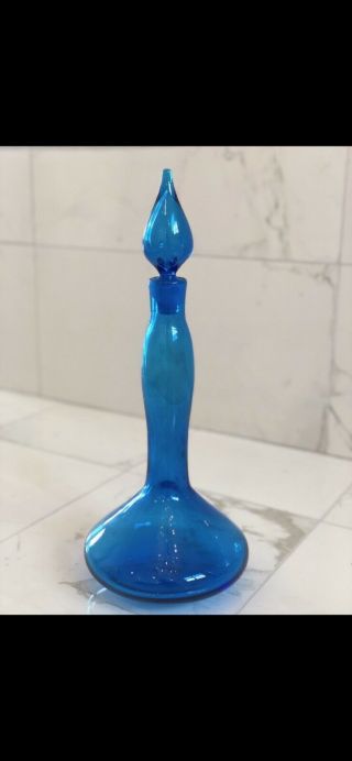 Vintage MidCentury Modern Blenko Decanter 5815 Blue Art Glass Genie Bottle 17” 7