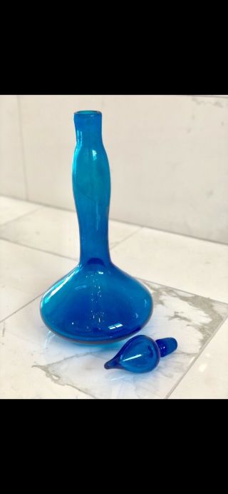 Vintage MidCentury Modern Blenko Decanter 5815 Blue Art Glass Genie Bottle 17” 8