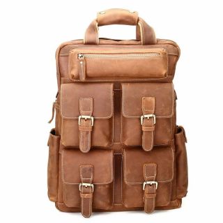 Men Travel Backpack Leather Vintage Daypack Multi Pocket Casual Rucksack Bags