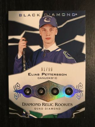 2018 - 19 Black Diamond Elias Pettersson Quad Diamond Relics Rookie Card /99 Rare